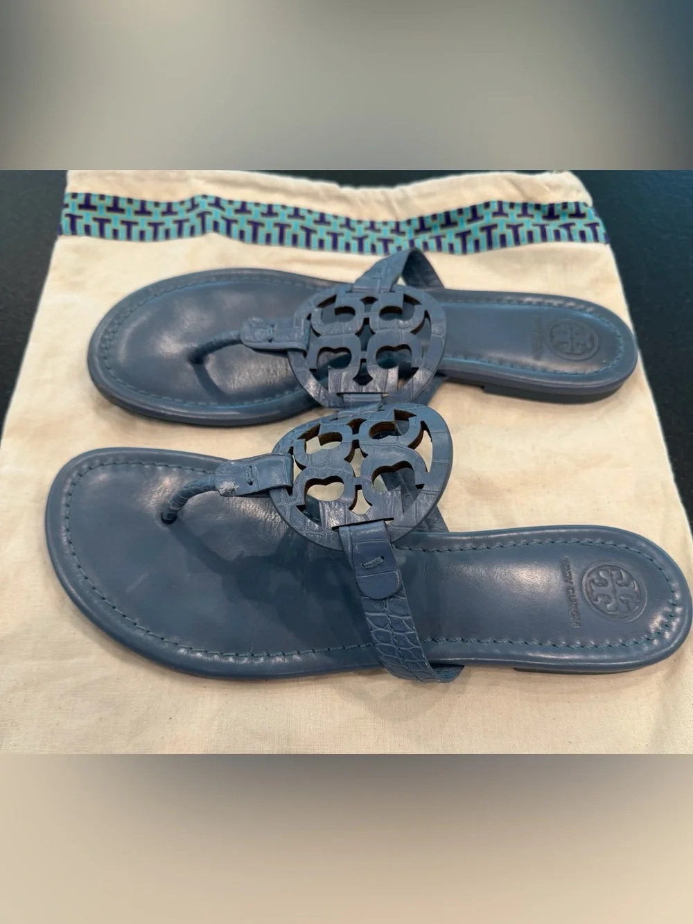 Tory Burch Miller Blue Croc Embossed Leather Logo Thong Sandals 8